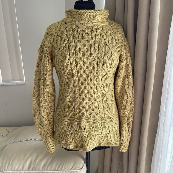 Aran irish Yellow Cable Hand knit Turtleneck sweater Wool...